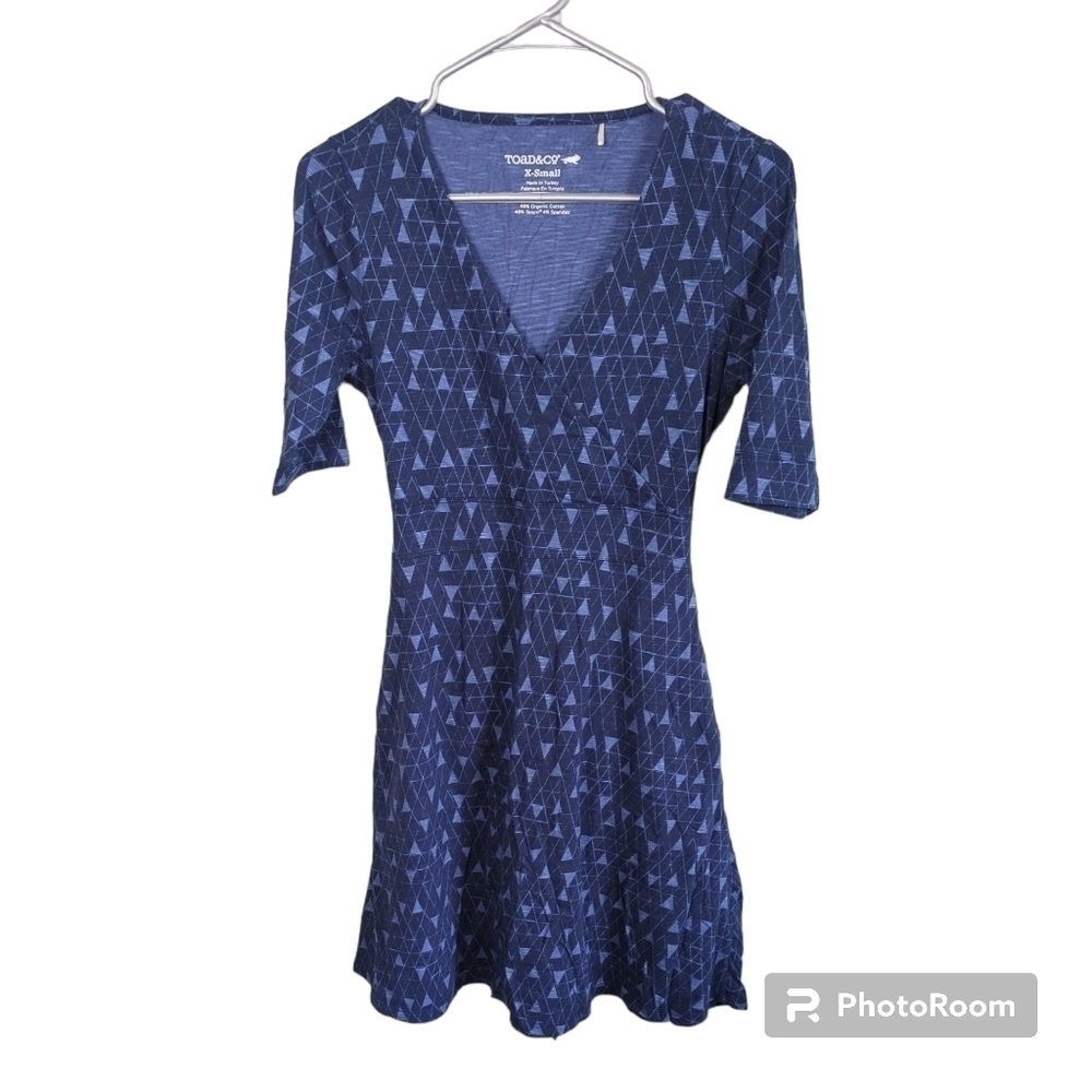 Toad & Co. Cue Cafe Wrap Tencel Blend Dress Blue Geometric Design Size XS